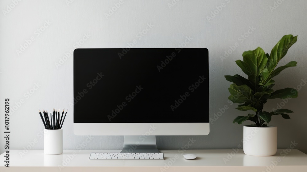 Aufkleber minimalist workspace with computer and plants for a productive home office