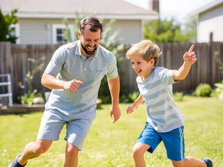 Obraz premium Father and son playing together in the backyard. Family having fun outdoors.
