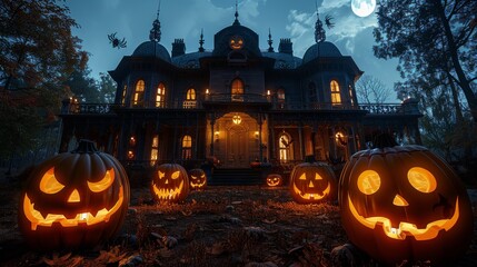 A spooky old house with Halloween Jack-o'-lanterns with carved faces on the porch. Eerie moonlit sky