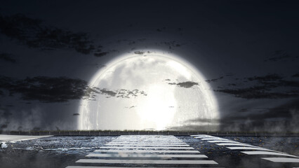 Closeup view of pedestrian crosswalk on the night. The road is empty with full moon background. Dramatic smoke or fog effect. Mockup. Copy Space