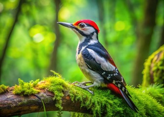 Fototapeta premium Majestic Greater Woodpecker Perched on a Tree Branch in a Lush Green Forest Setting