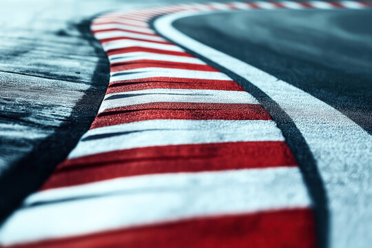 Close-up of a racing track curb with red and white stripes, showing the texture of the asphalt and the curve of the track. Ideal for motorsport or racing-related themes.