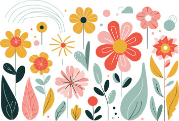 vector illustration of six stylized flowers in different shapes and colors on a white background