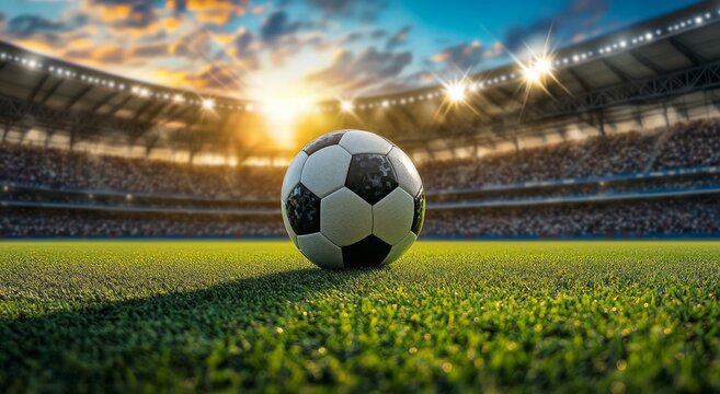 Fototapeta A close-up view of a soccer ball resting on a vibrant green pitch during sunset at a stadium