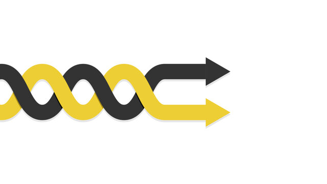 A pair of intertwined black and yellow arrows pointing to the right on a white background