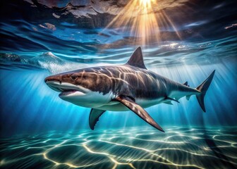 Fototapeta premium Majestic Great Shark Swimming Gracefully Through Crystal Clear Ocean Waters in Natural Habitat