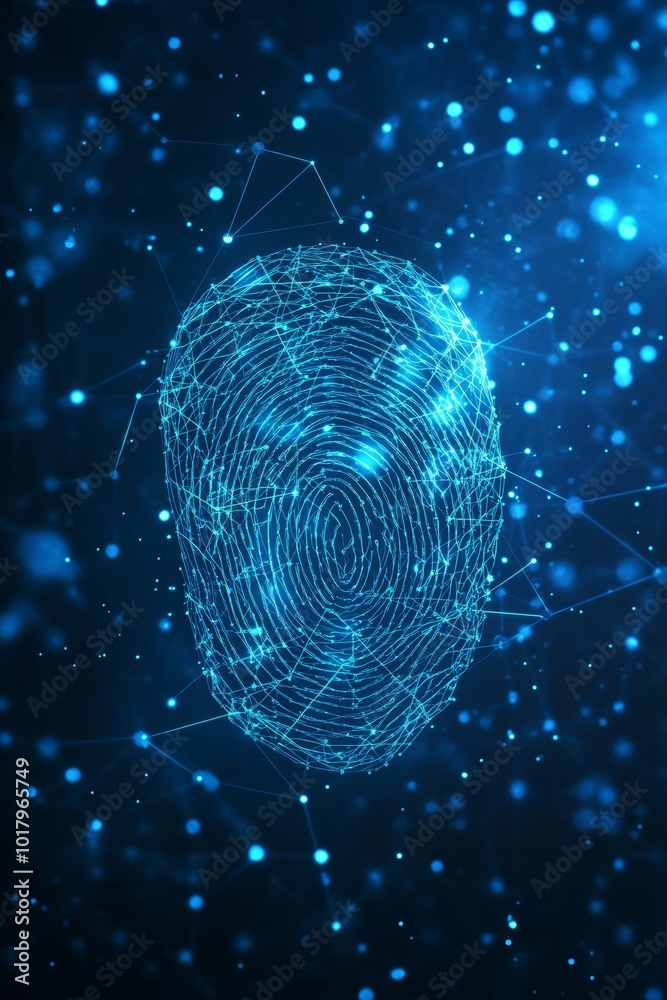 Poster digital fingerprint security biometric scan on a technological background with lines and dots
