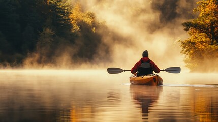 A lone kayaker paddles through a misty lake at sunrise, enjoying the peace of nature.