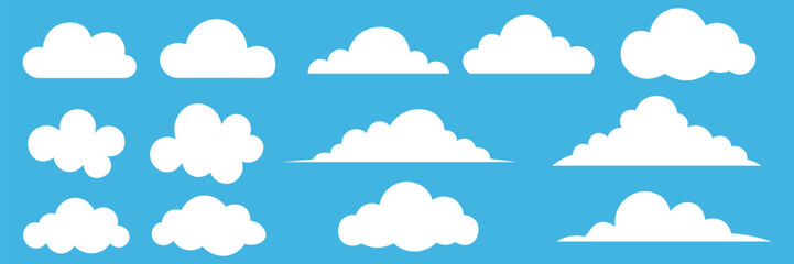 Set of cartoon clouds in flat design. White cloud collection. Abstract cloudy set isolated on blue background. Vector illustration