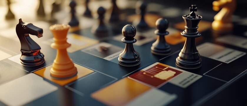 A close-up of a chessboard with black and orange pieces, showcasing strategic positions and sharp contrasts under warm lighting.