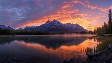 Fototapeta premium Beautiful orange sunset over calm river reflects on sky and clouds