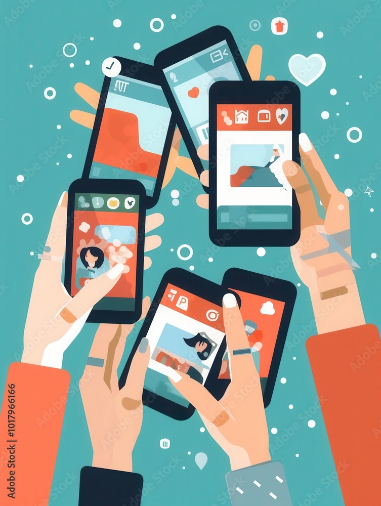 Aufkleber several hands grasp smartphones, showcasing open social media applications against a colorful backgr