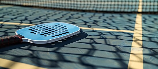 A close-up shot of a pickleball paddle lying on the court with the net and boundary lines in the background highlighting the sport's equipment
