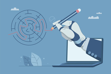 Complex problem solving skills, Using artificial intelligence or AI to promote ideas and creativity, Solving problems to achieve business goals. Robotic hand writes a path out of a maze. Vector.