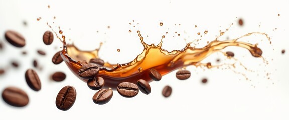 A dynamic splash of coffee liquid surrounded by coffee beans on a light background, creating a sense of energy and freshness. The image emphasizes the aroma and invigorating nature of coffee.