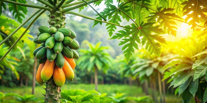 In a tropical paradise, young papaya fruits thrive surrounded by lush greenery, celebrating nature's bounty and the vibrant beauty of healthy