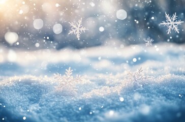 Fototapeta premium Snowflakes gently falling on a serene winter landscape in the early morning light