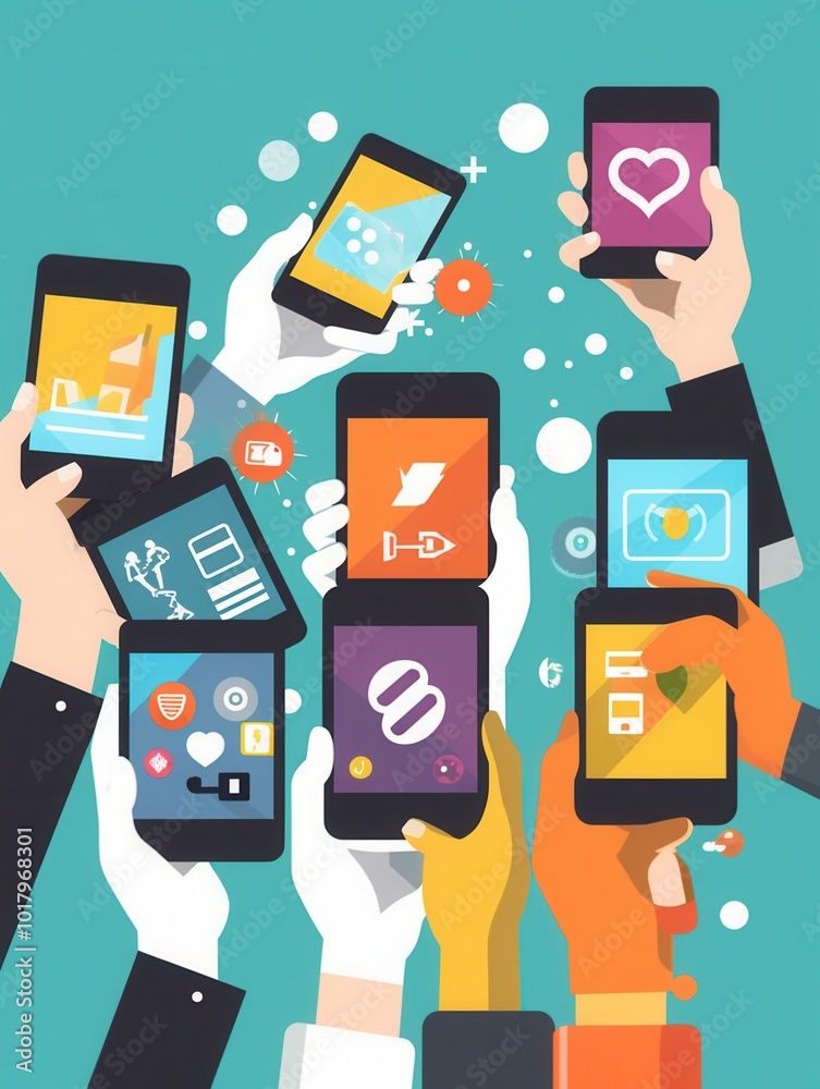 Aufkleber multiple hands hold smartphones that showcase a variety of colorful social media applications on bri