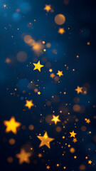 Fototapeta premium A dark blue background with blurred golden star-shaped bokeh lights and scattered smaller bright dots.