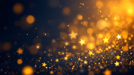 Fototapeta premium A dark background with bokeh lights and gold stars. The bokeh effect is created by out-of-focus lights, making the feel magical and festive.