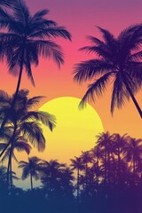 Fototapeta premium Bright sunset over palm trees with silhouette of a bird flying in a colorful sky