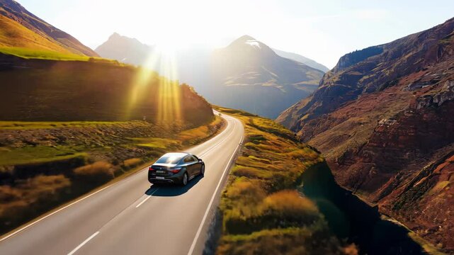 car driving on a winding mountain road during sunset, with golden light illuminating the scenic landscape of hills and valleys