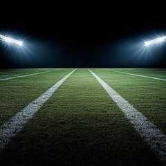Obraz premium Bright stadium lights illuminate an empty football field during nighttime in a quiet atmosphere