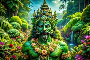 Fototapeta premium Majestic Green Gods Surrounded by Lush Nature and Vibrant Flora in a Serene Fantasy Landscape