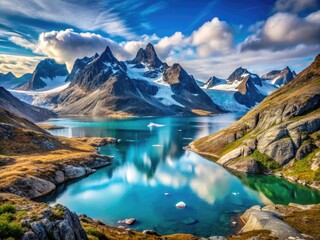 Obraz premium Majestic Greenland Landscape with Rugged Mountains, Glacial Ice, and Serene Blue Waters Under Sky