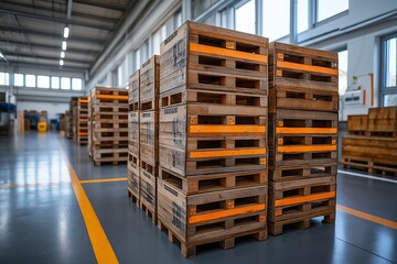 Stack of wooden pallets with orange stripes. The pallets are stacked on top of each other. Stacked wooden crates with an orange finish, showcasing industrial storage solutions in a clean environment