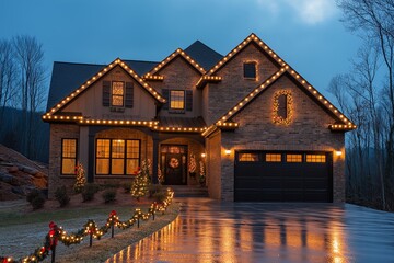 House with a lot of lights on it. The lights are on the roof and the house is very big. suburban christmas lights exterior house