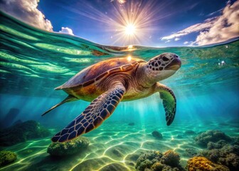 Fototapeta premium Majestic Green Sea Turtle Swimming Gracefully in Crystal Clear Ocean Waters Under Sunlit Surface