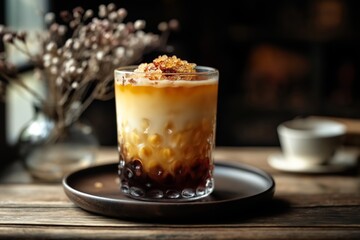 Glass of coffee with a flower vase on the table. The vase is filled with white flowers. sweet brown sugar milk tea