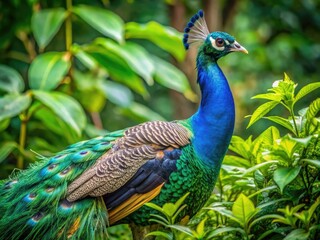 Obraz premium Majestic Green Peafowl Displaying Vibrant Plumage in Natural Habitat Amid Lush Greenery and Foliage