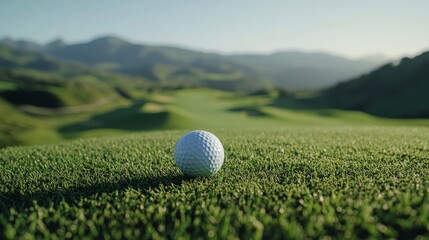 A golf ball is poised on a tee in a lush green landscape during golden hour light