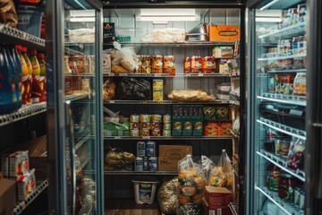 Fototapeta premium Organized Pantry with Diverse Food Jars, Cans, and Fresh Vegetables on Shelves