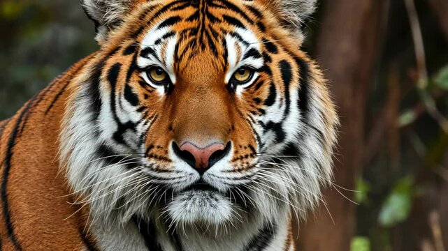 Intense Bengal tiger staring into camera in lush jungle environment