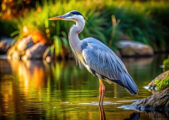 Naklejka premium Majestic Grey Heron Standing Gracefully by the Water's Edge Under a Clear Blue Sky in Nature