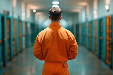 Fototapeta premium Prisoner in Orange Uniform Standing in Front of a Prison