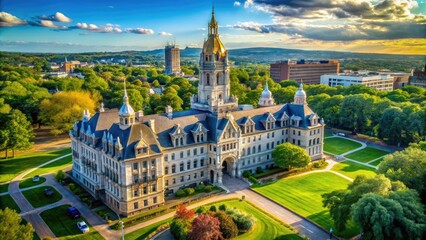 Fototapeta premium Majestic Hartford Town Hall Building Surrounded by Lush Greenery and Clear Blue Sky in Connecticut