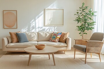 A modern Japani interior with minimalist, art fray hanging walls and a bright living room with a sofa and table. Generative AI
