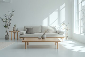 Fototapeta premium Minimalist, a modern japandi interior photo of a living room with windows and a view of the sofa and table. Generative AI 