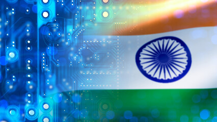 Microelectronics industry in India. Computer board. Flag of Indian republic. Import of...