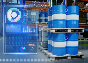 Barrels of oil in warehouse. Virtual screen with fuel characteristics. Gasoline tanks on pallets....