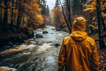 A man in a yellow rubber raincoat on the background of a huge river in a forest in the mountains. The guy travels and enjoys life and the environment. Tourism.