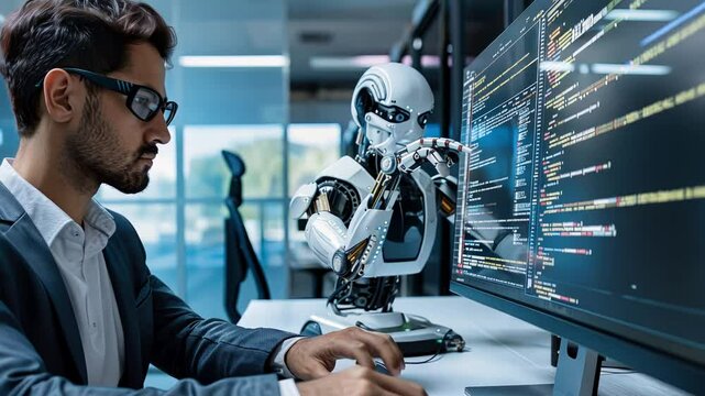 A programmer interacts with a robotic assistant, coding and refining software in a high-tech office setting that promotes innovation and creativity