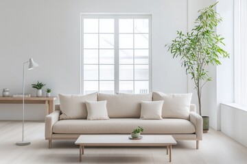 Fototapeta premium Minimalist, a modern japandi interior photo of a living room with windows and a view of the sofa and table. Generative AI 