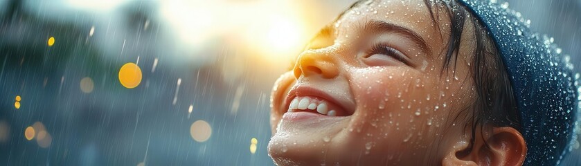 Obraz premium A joyful child smiles widely while enjoying a refreshing rain shower, radiating happiness and the essence of childhood joy.
