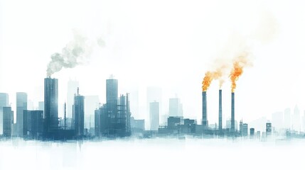 Obraz premium Urban skyline with distant industrial gas flares, juxtaposed with the clean lines of modern buildings, energy consumption, urban pollution