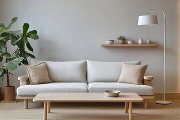 Minimalist, a modern japandi interior photo of a living room with wood shelves and ornaments on the wall and a sofa and table. Generative AI
